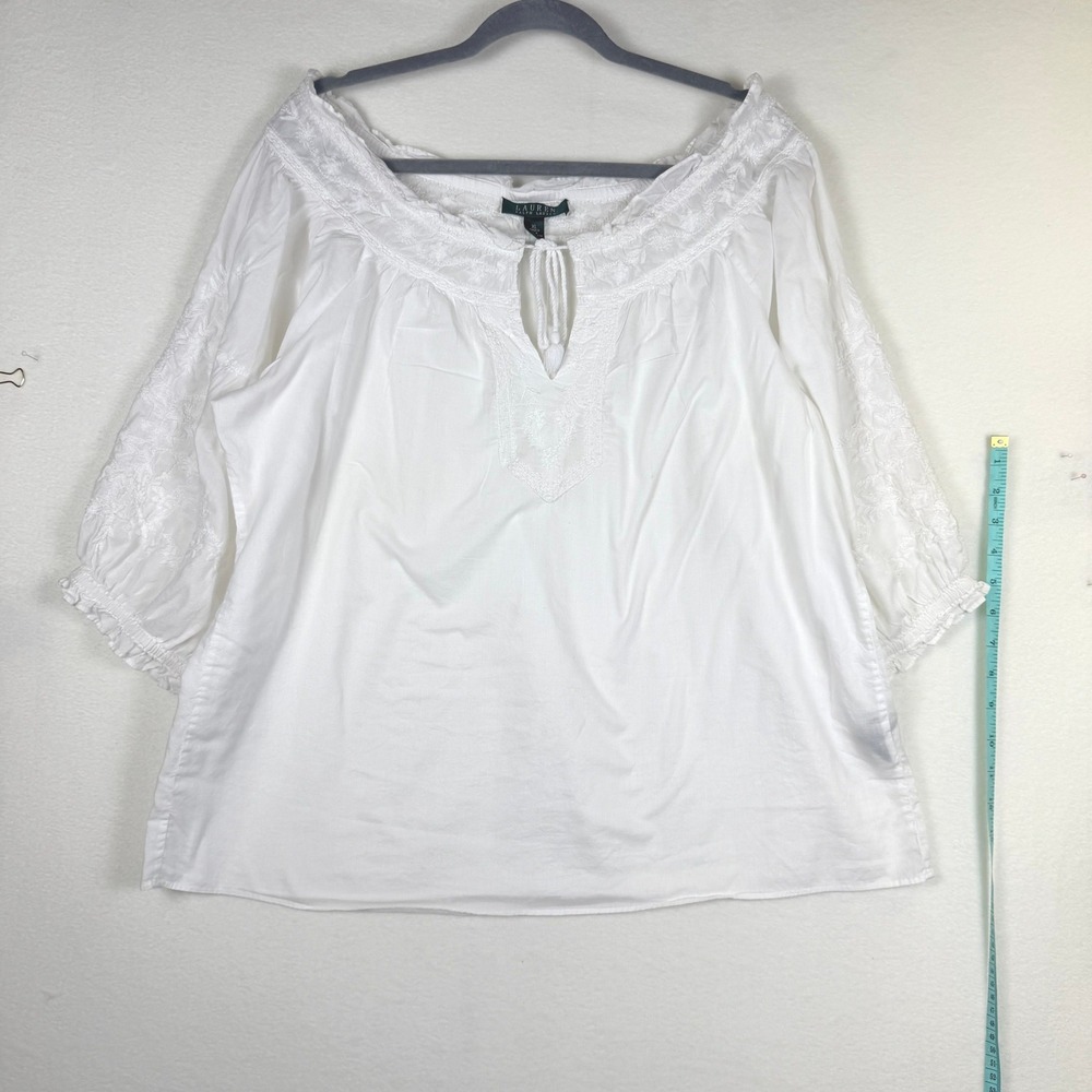 Lauren Ralph Lauren White Cotton Embroidered Off the Shoulder Peasant Blouse XL